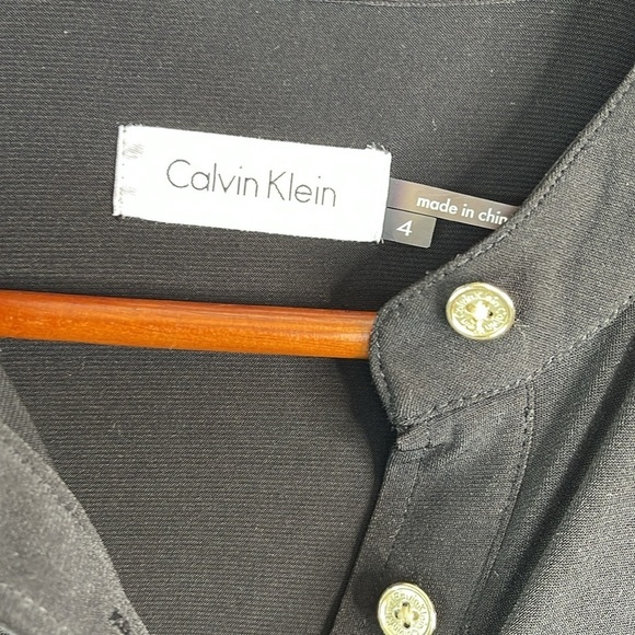 CALVIN KLEIN Long Sleeve Shirt Dress Black Preppy Gold Buttons Collarless Size 4 - Picture 8 of 11